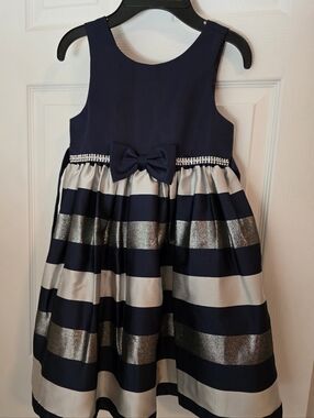 Navy and Silver Striped Bow-Accent Formal Dress for Girls